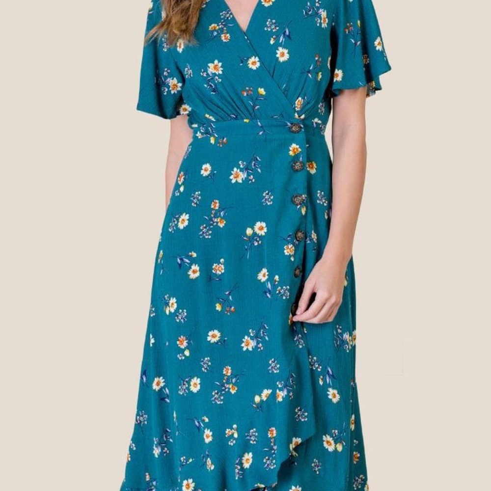Miami Teal Floral Wrap Midi Dress – Short Flutter Sleeve V-Neck Ruffle Hem Large